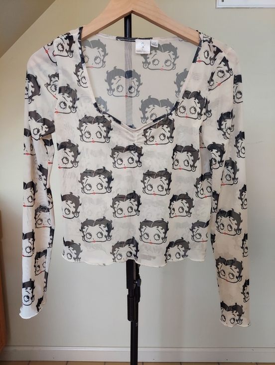 Betty Boop Tops - Betty Boop SZ  L Sheer Mesh Stretch Long Sleeve Graphic Crop Top Y2K Cream Black